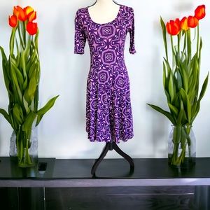 NEW Lula Roe Nicole Dress Short Sleeve Scoop Neck Flared Skirt Purple Pink Blue